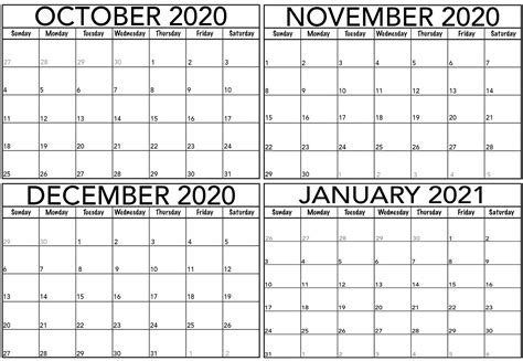 Free Printable 4 Month Calendar 2021